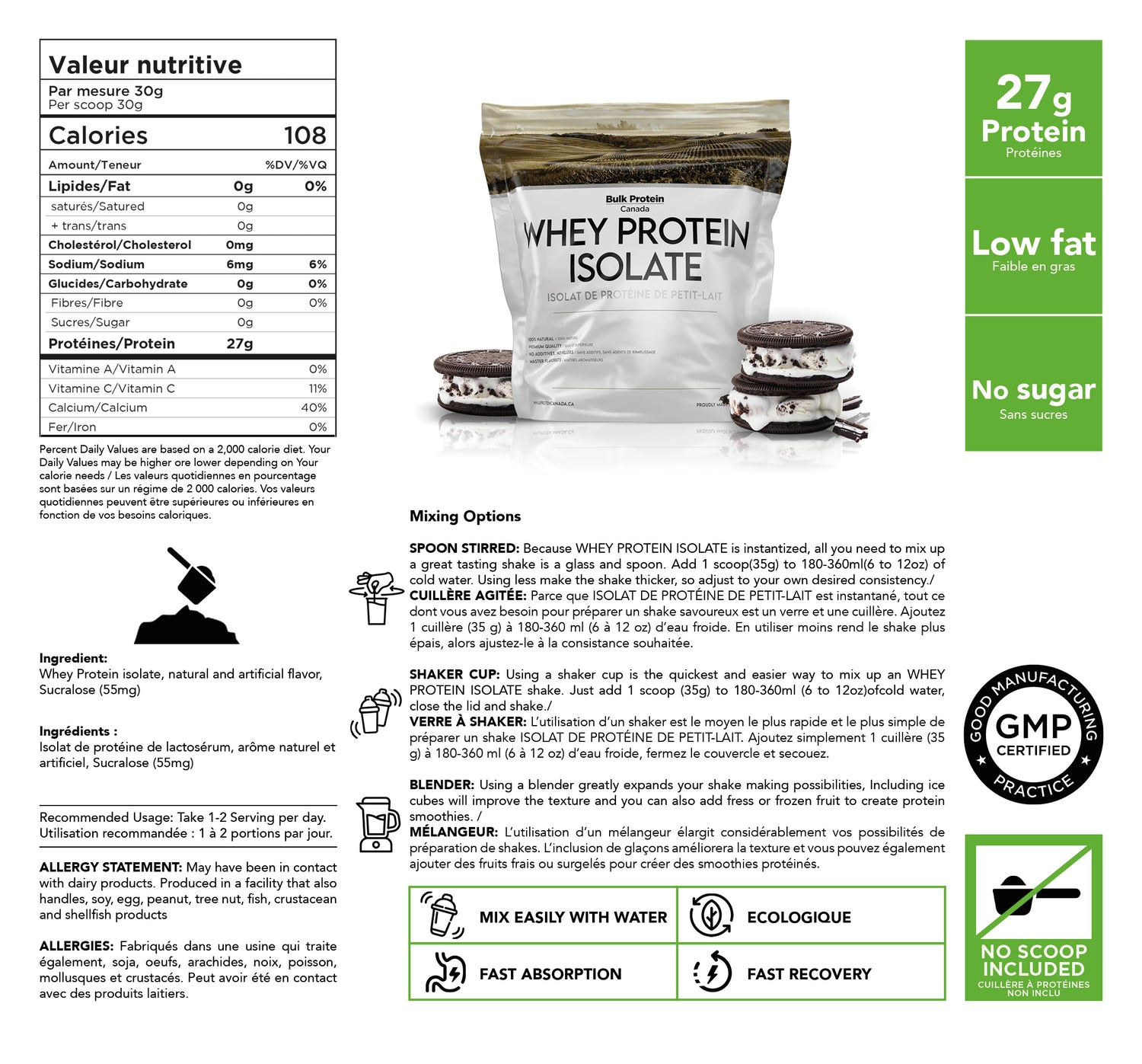Bulk Protein Canada Cookies&Cream whey protein isolate nutrition facts