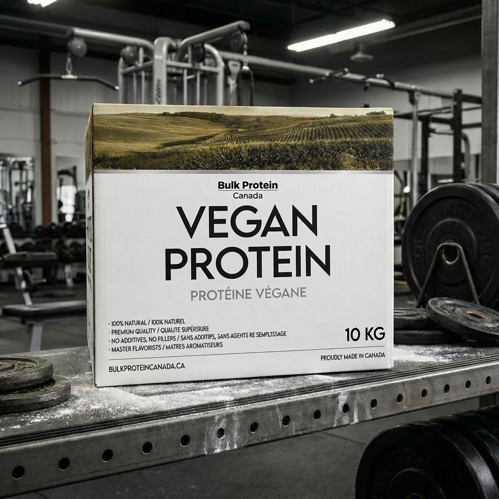 Box of Bulk Protein Canada Vegan Protein on a gym bench with gym equipment in the background