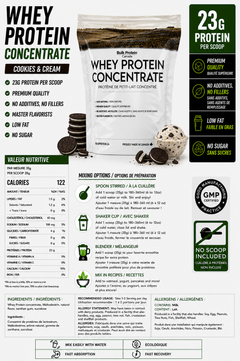 Whey protein concentrate package with nutritional information and product details.