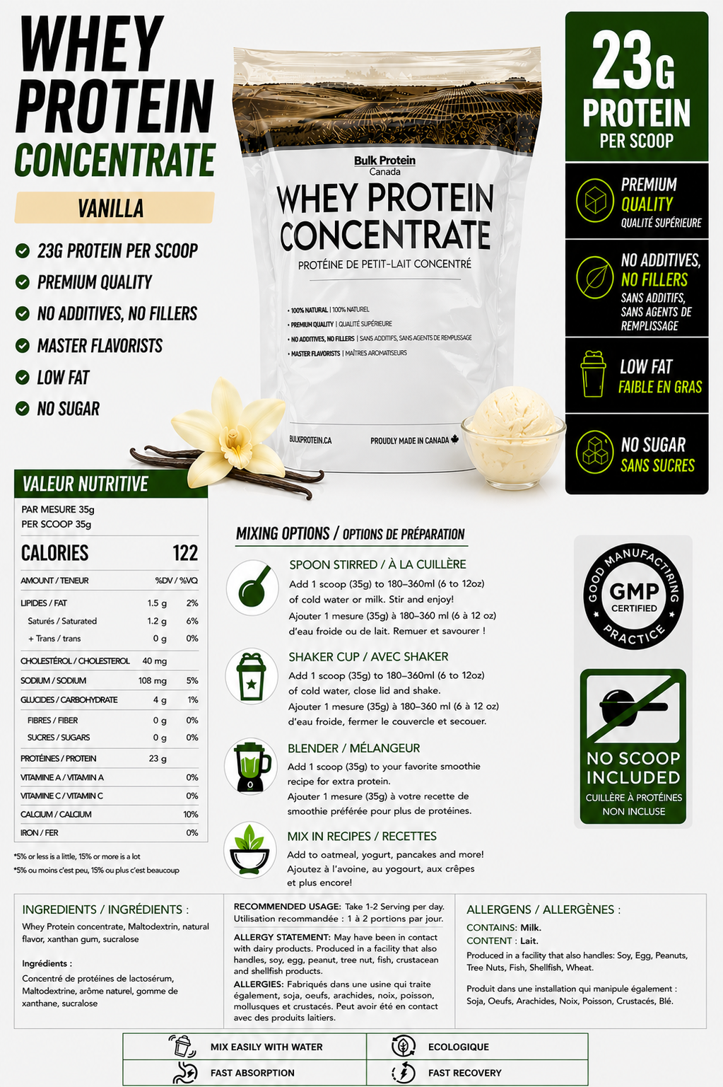 Whey protein concentrate package with nutritional information and branding details.